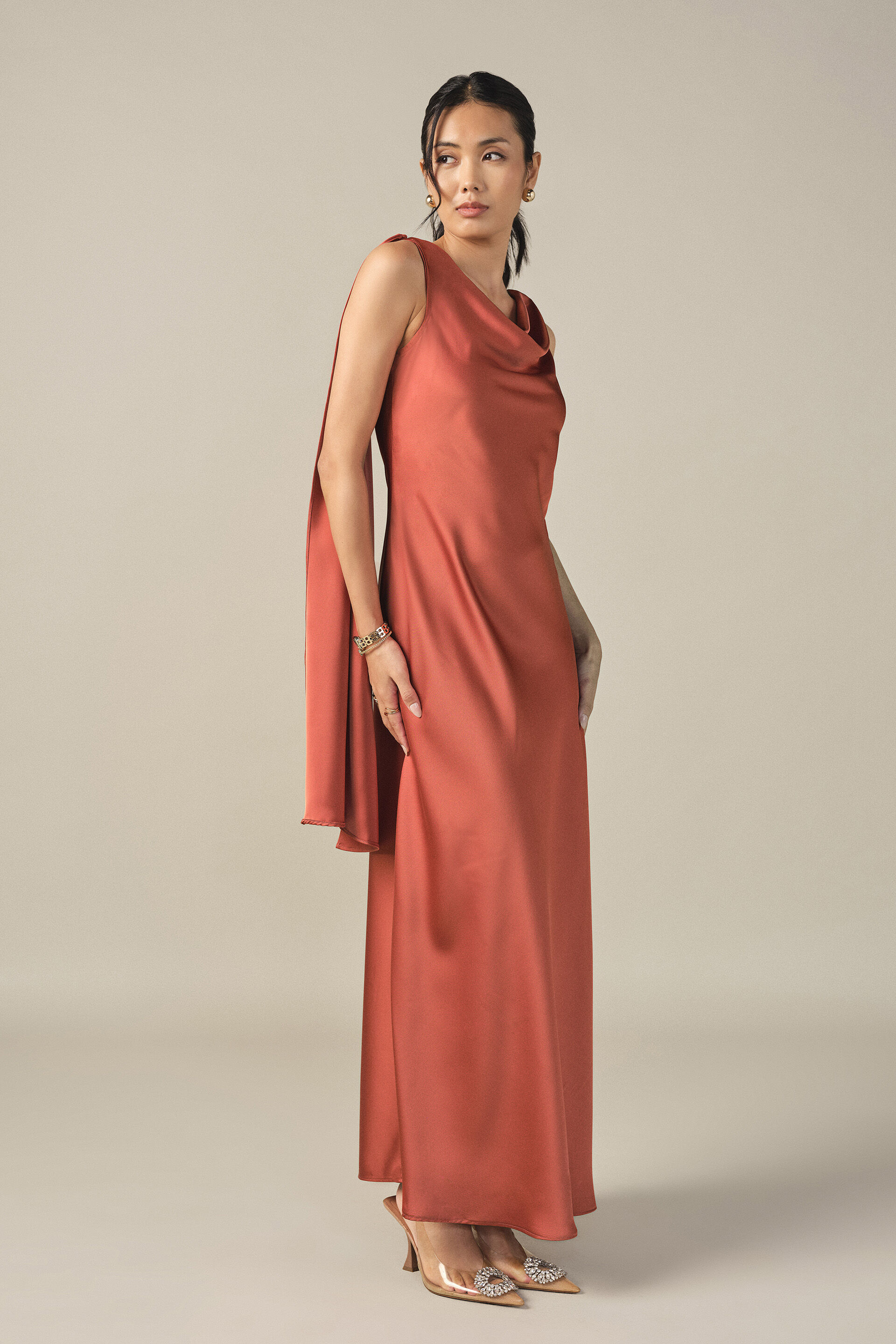 Cowl Maxi Satin Gown in Rust, Rust, image 2